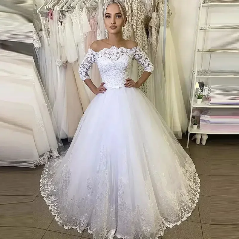 

Customized Off The Shoulder Lace Appliques Wedding Dresses Sweep Train Vestidos De Noiv Half Sleeves A-Line Bridal Gown