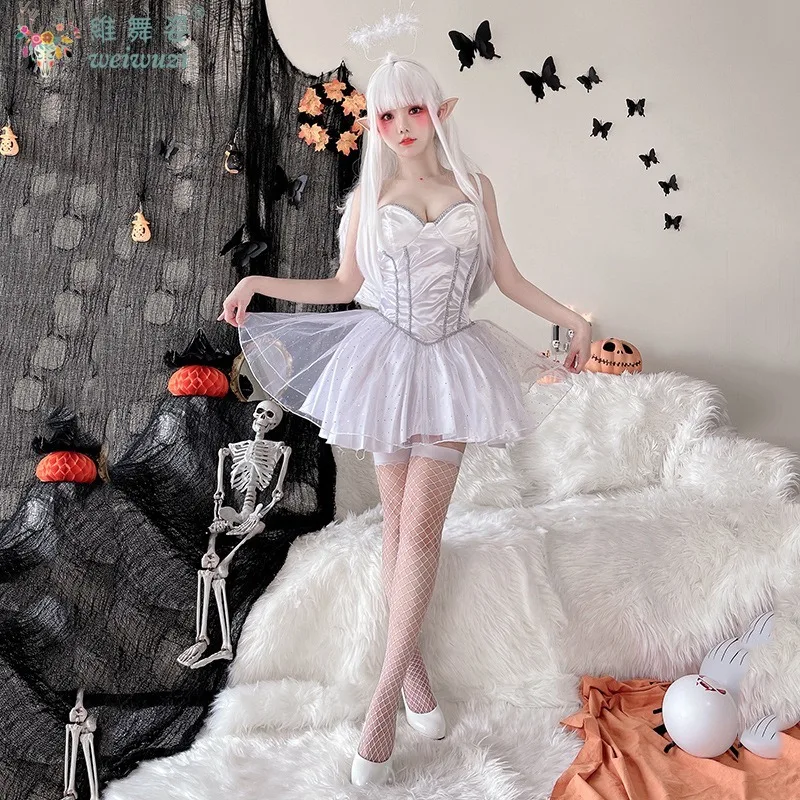 

Halloween Costume Fairy White Dress Cosplay Costume Sexy Witch Fishbone Corset Gauze High Waist Fluffy Dress Stage Perfermance