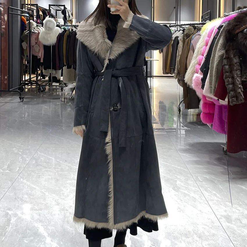 Janefur Women's Shearling Fur Winter Long Coat Warm Thick Fur Lined Leather Jacket JFB9-25010
