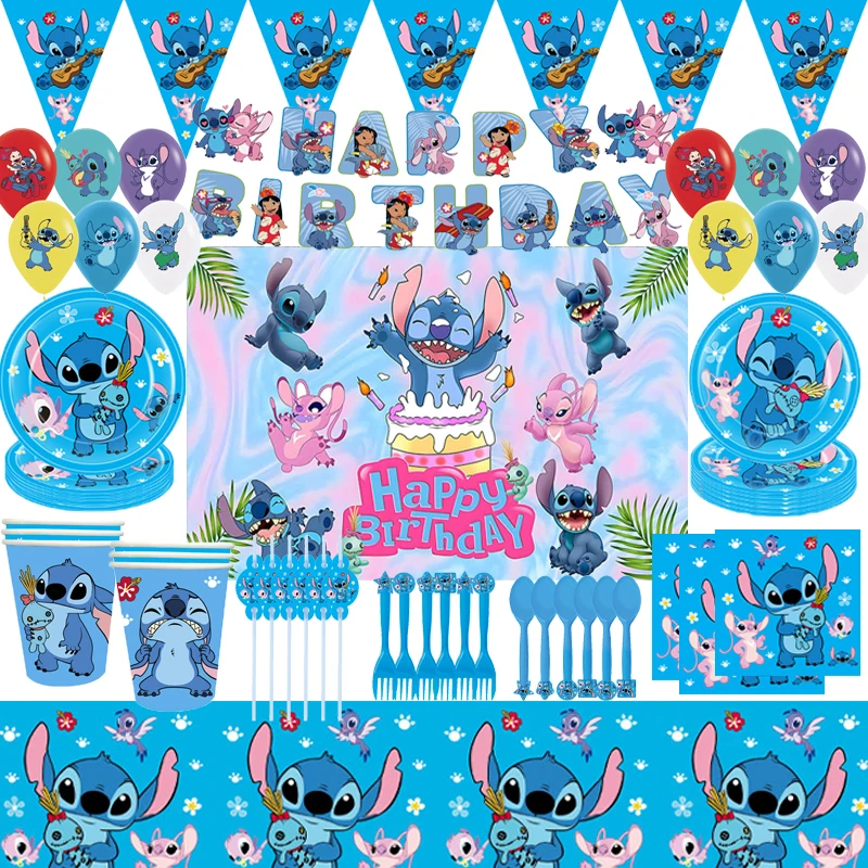 

New Disney Stitch Birthday Party Decoration Paper Tableware Cup Plate Napkin Tablecloth Balloon Kids Baby Shower Decor Supplies