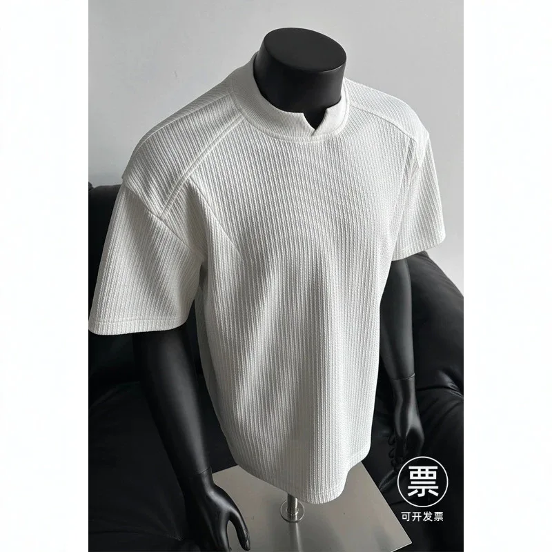 2026 New Men Textured Deconstructed Spliced V Neck Short Sleeve T Shirt Heavyweight Half Sleeve Streetwear Trendy Casual Top