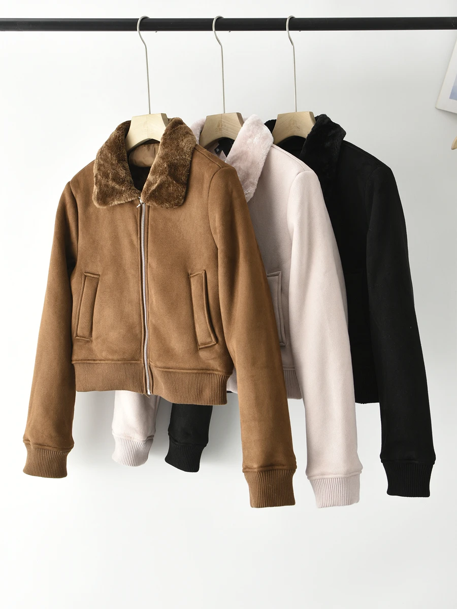 

Women's Faux Lamb Fur Collar Jaet Winter Thiened Casual ort Sle Inner Fce Zipper Closure Color Commute Faion