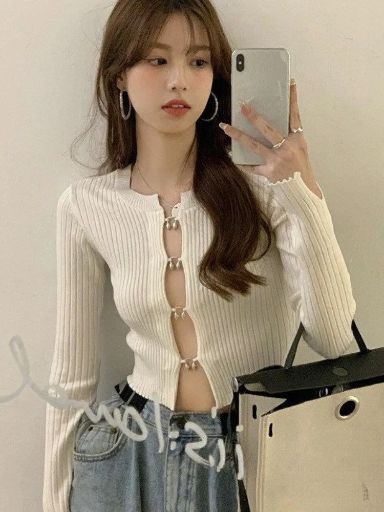 2024 Spring Streetwear Solid Knitted Crop Cardigan Y2k Aesthetic Hollow Out Sexy Cardigans Women Harajuku Simple Grunge Coats