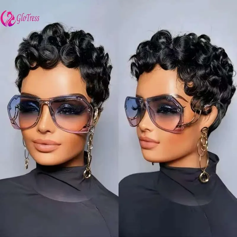 Pixie Cut Wigs for Black Women Short Layered Human Hair Wigs with Bangs 4'' Natural Black Color Glueless Curly Full Machine Made