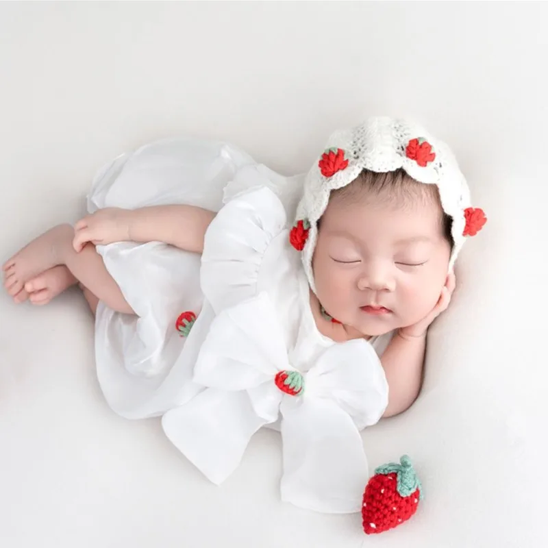 ❤️Baby Girl Photography Clothing Knit Hat+Dress+Strawberry Infant Photo Props Accessories Studio Shoot Clothes Outfits