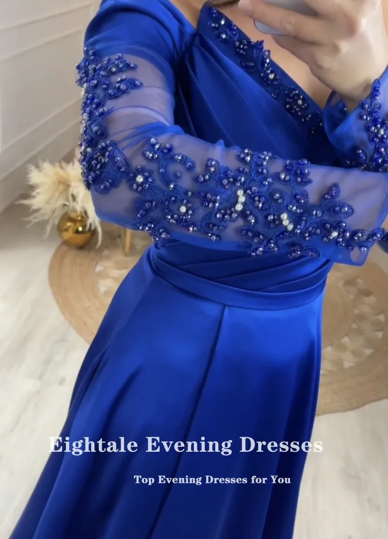 Gaun Malam Biru Mewah Eigdale untuk Pesta Pernikahan Manik-manik Satin Applique Lengan Panjang Gaun Prom A-Line Elegan