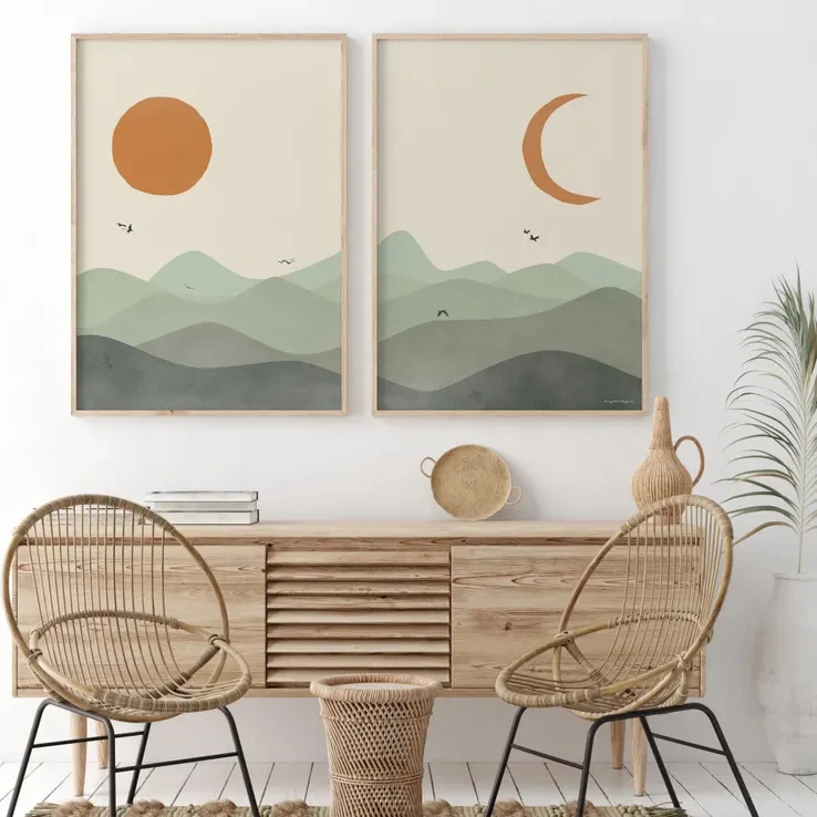 حكيم الأخضر الشمس والقمر المشهد قماش الطباعة منتصف القرن مجردة هندسية الجدار ملصق فني لغرفة المعيشة الحديثة ديكور المنزل #3