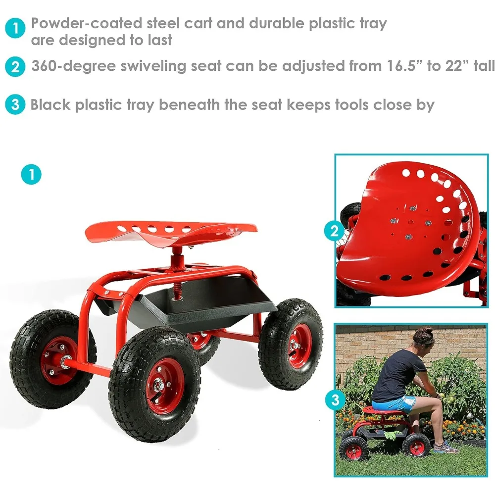 عربة حديقة دوارة مع مقعد دوار وتخزين - مقعد حديقة دوار بعجلات - مقعد بستنة بعجلات - أحمر #2