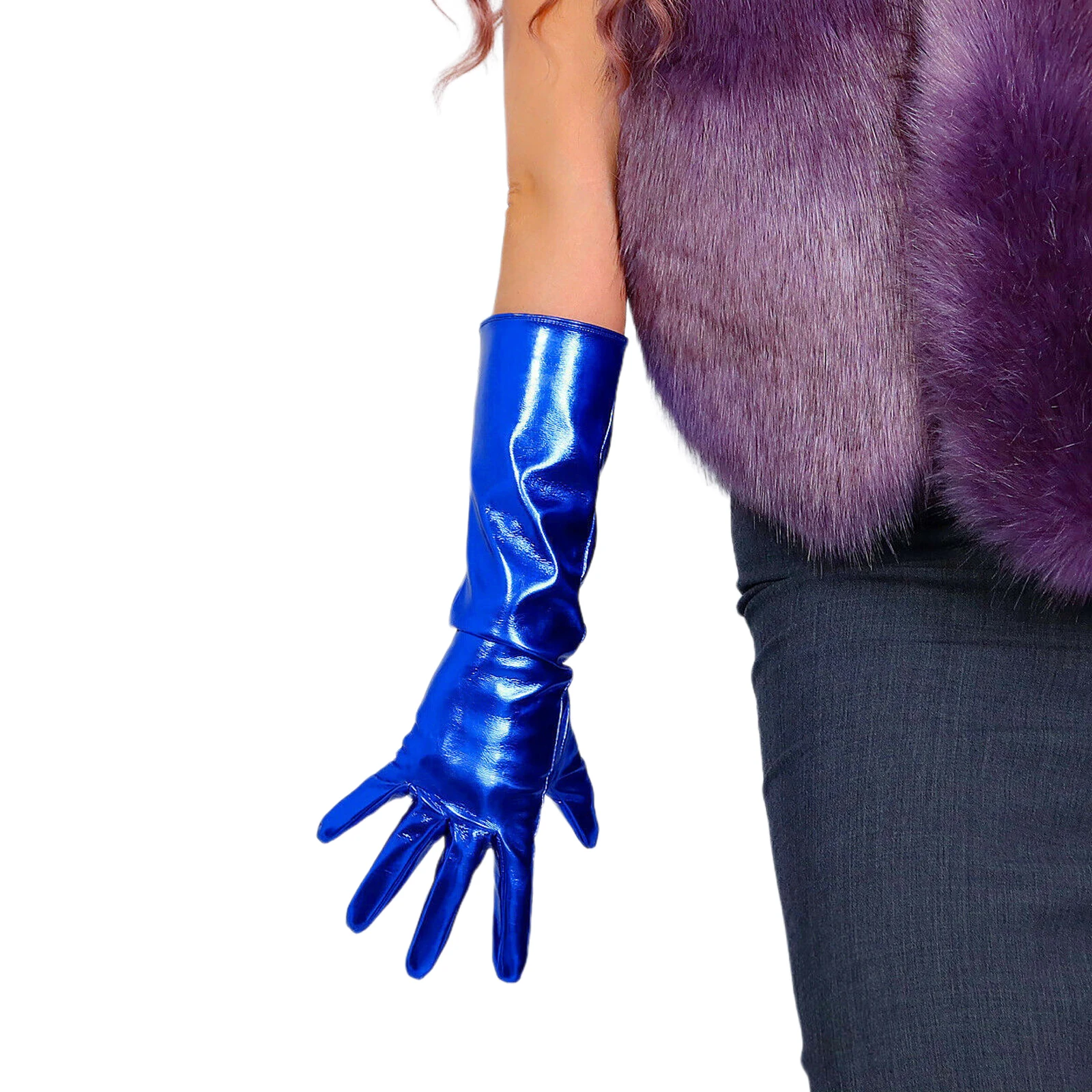 DooWay Women's Patent Leather Gloves Elbow Long Shine Metallic Royal Blue Faux Latex Electric Cobalt Christmas Party Club Glove