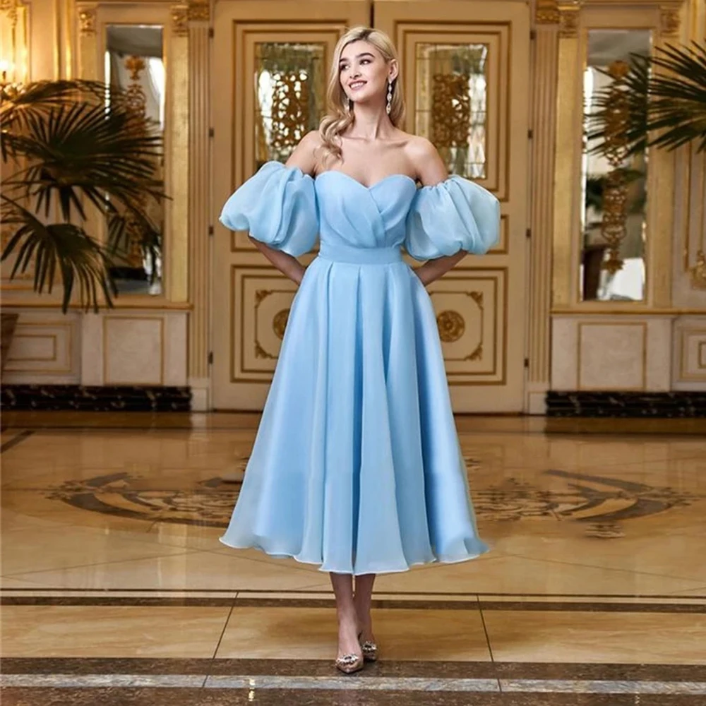 Elegant Baby Blue Prom Dresses Tea Length Arabic Backless Formal Evening Gowns Robe De Soirée Femme Chiffon Detachable Sleeves