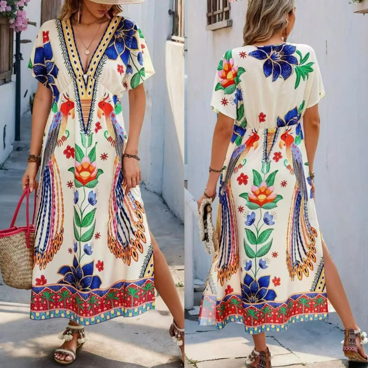 DYKR 2025 robes d'été en gros pour les femmes robes De Noche juvéniles col en v imprimé mode ample à manches courtes robe longue