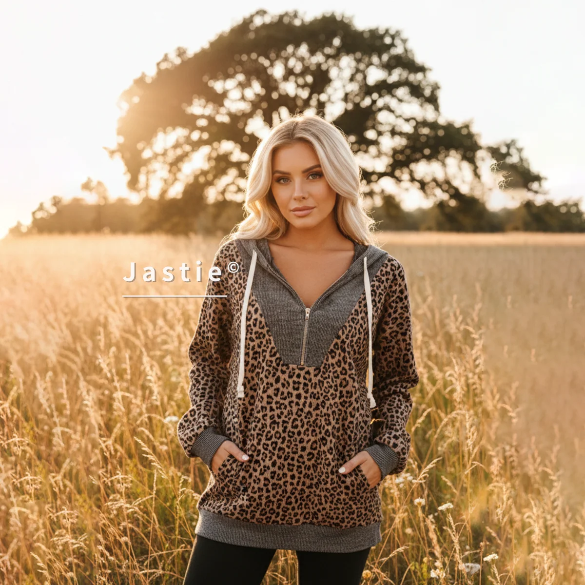 

Женская толстовка с леопардовым принтом на молнии, цветная отделка в рубчик, модный пуловер, толстовка с капюшоном на шнурке и топы с длинными рукавами