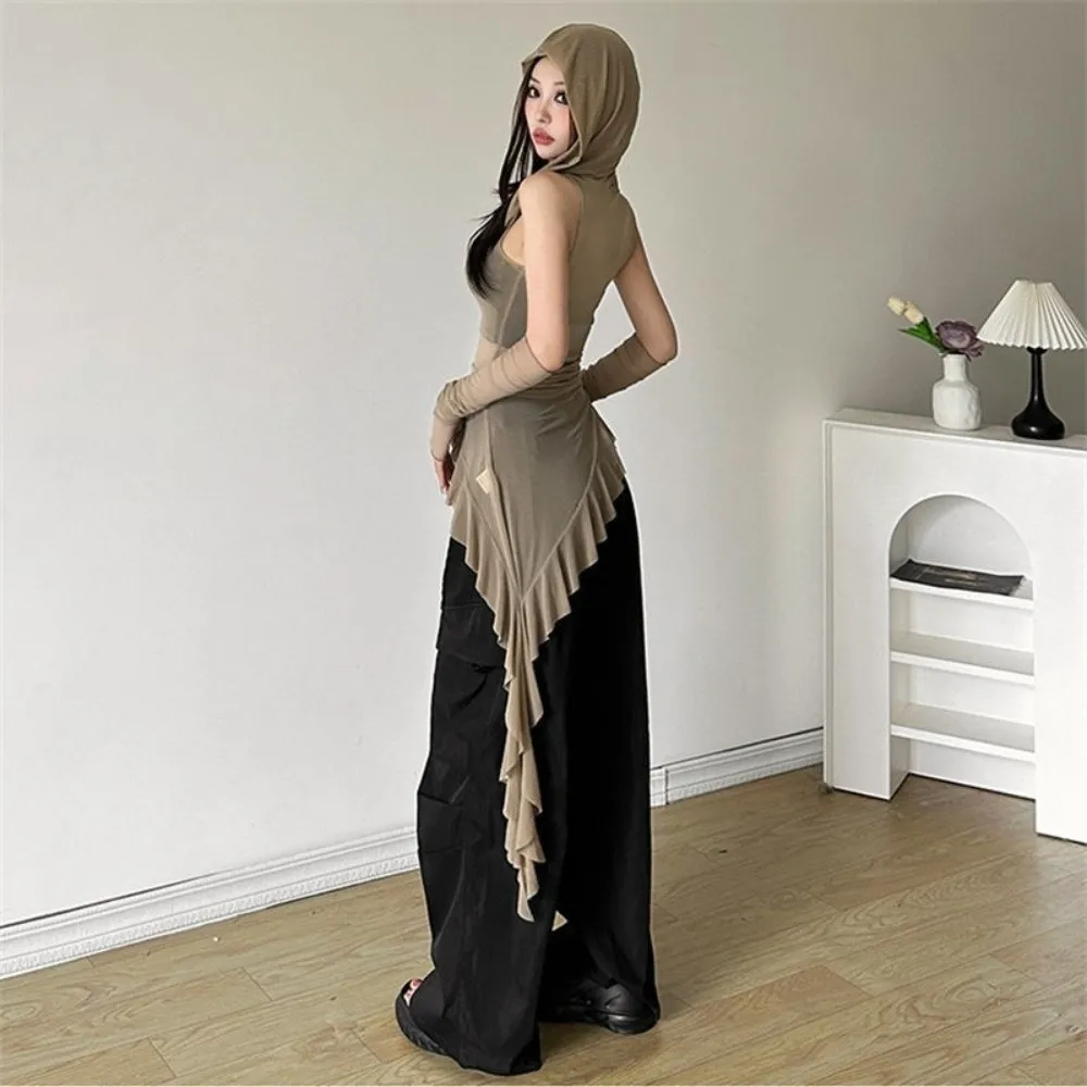 Korean Y2K Ins Jellyfish Mesh Belt T-Shirt Mesh Shaped Waist Transparent Slim Fit Tops Off Shoulders Pleated