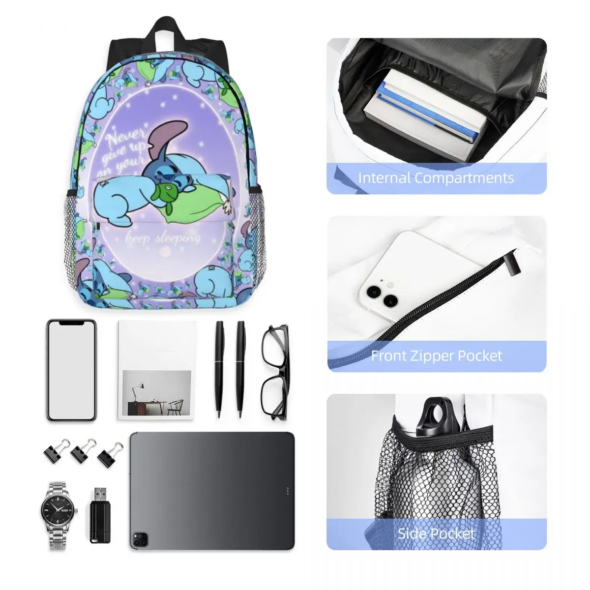 Disney Stitch 15-Inch Waterproof Backpack - Lightweight Travel Bag with Multiple Pockets for Organization