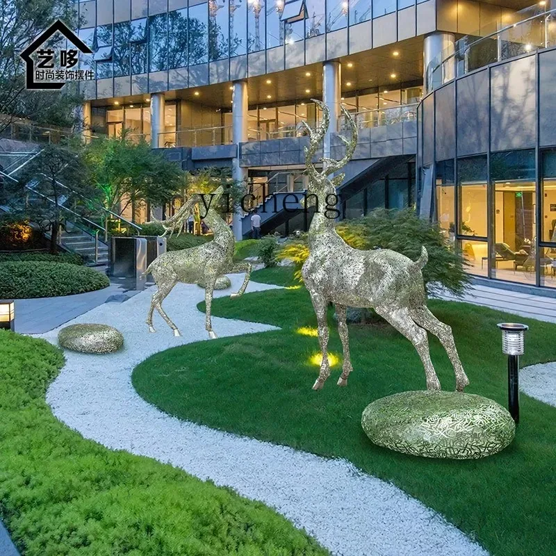 BJ-25  outdoor stainless steel hollow luminous elk sculpture art installation hotel garden landscape ornament