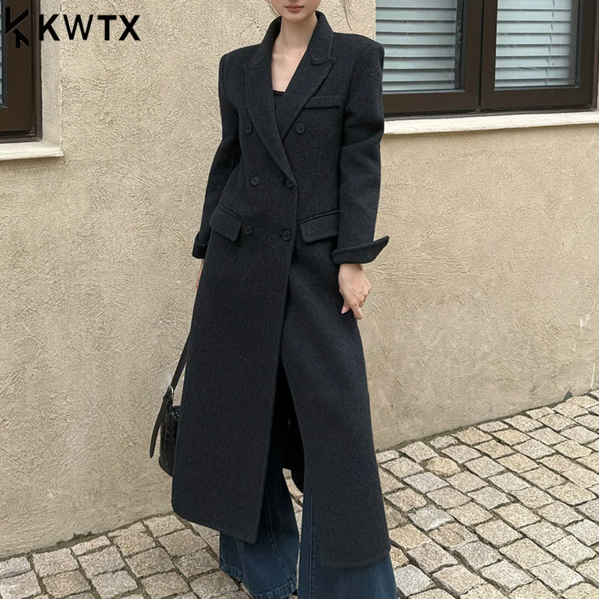 

KWTX женское длинное шерстяное пальто двубортное Новое поступление осень-зима 100% шерсть винтажное минималистское однотонное элегантное повседневное