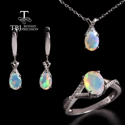 Colorful October Birthstone Precious natural Opal Ring Earrings Necklace Jewelry set S925 silver water drop design women jewelry