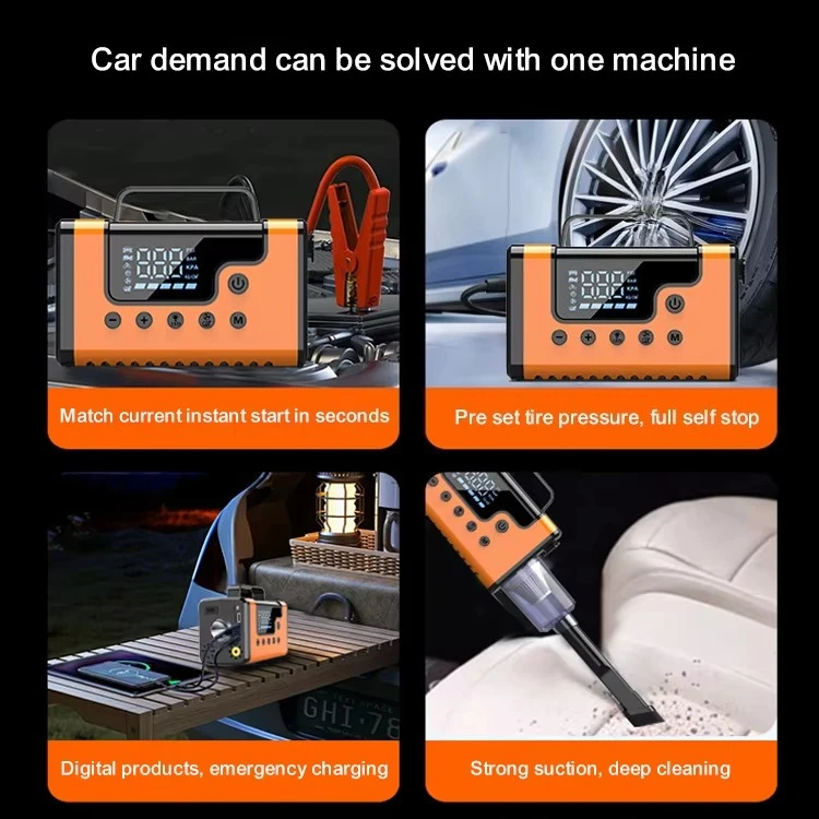 Arrancador de batería portátil para automóvil: central eléctrica de emergencia 5 en 1 con bomba de aire/aspiradora/flor (arranque de salto y inflado de neumáticos)