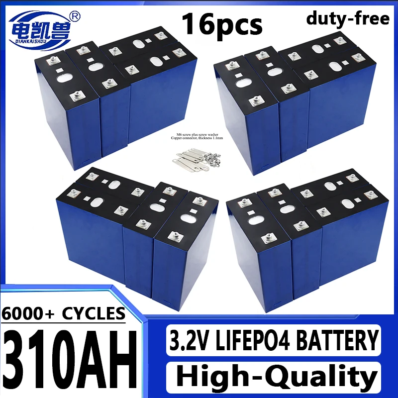 

NEW 16pcs 3.2V 310Ah LiFePO4 Battery DIY 48V Suitable for Golf Cart Marine Solar System Rechargeable Cells EU/US Duty Free