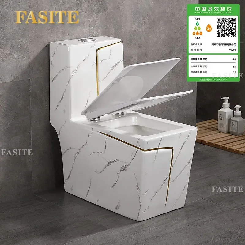 For Hotel Bathroom Marble Pattern Integrated Ceramic Floor Mounted Flush Toilet Super Swirl Siphon One Piece Design
