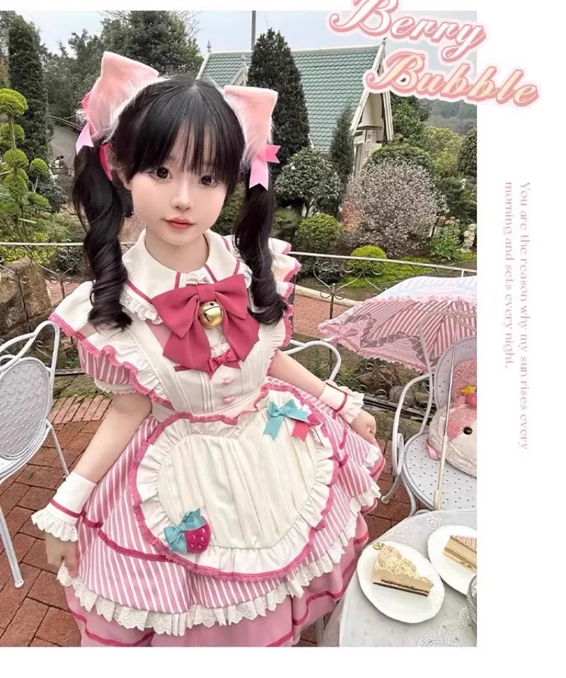 NONSAR น่ารักทุกวัน Lolita ชุดเจ้าหญิงชุดผู้หญิงหวานสีชมพู Berry Bell Bow สั้นพัฟแขน Bubble Bud ชุดมินิผ้ากันเปื้อน