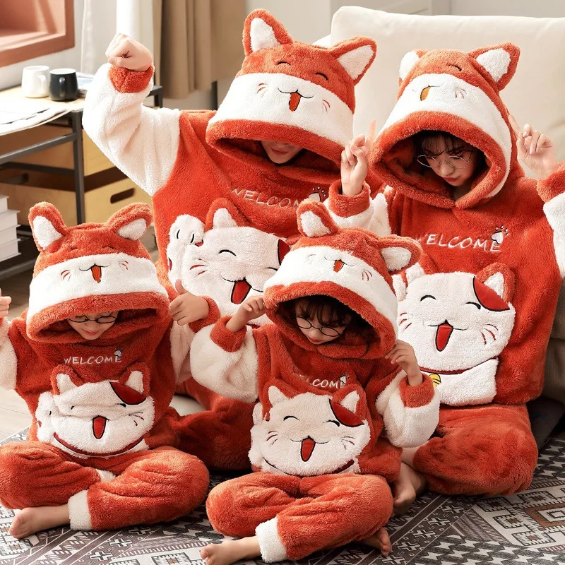 Winter Thicken Family Parent-Child Outfits Pijamas Sets Women Men Anime Sleepwear Adult Cartoon Cat Pyjamas Korean Hoodie Suits