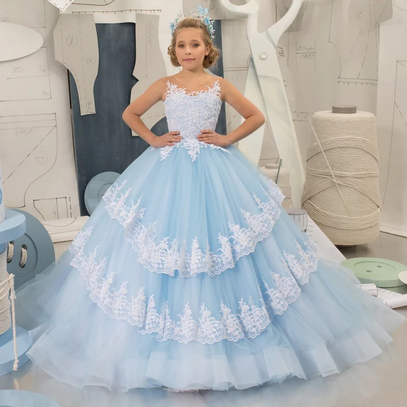 

Flower Girl Dresses Sky Blue Tulle White Appliques With Tailing Sleeveless For Wedding Birthday Party Banquet Princess Gowns