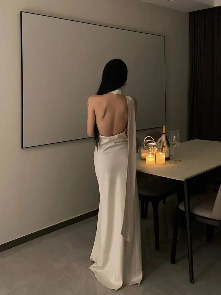 Plus Size French Style Floral One Shoulder Satin Evening Dress for Women Summer Sexy Backless Gown with Flowing Ribbon Detail