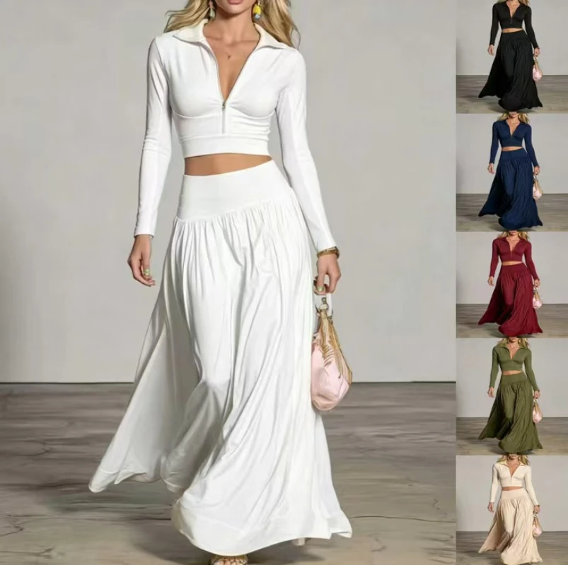 2026 European and American Women's Hot Girl Zipper Collar Short Long Sleeve Set High Waist Big Swing Half Skirt Two Piece Set