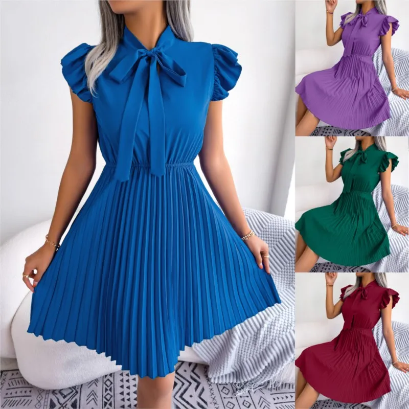 2024 Spring/Summer Fashion New Dress Long Sleeve Waist Collection Solid Color Large Display Ruffle Skirt Women's Wear