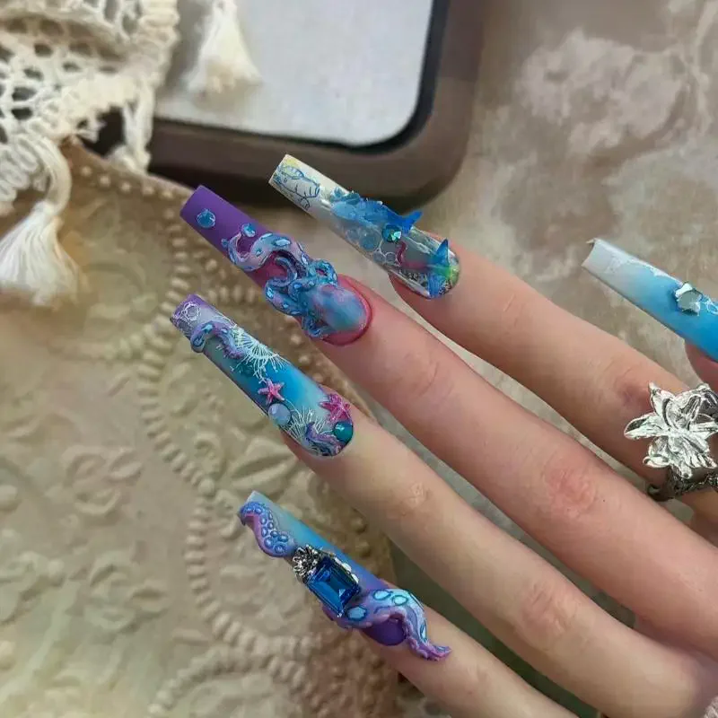 Molde de unha 3d, anel azul do mar profundo, estênceis de estampagem de polvo, esmalte em gel uv, molde de arte, ferramenta de escultura em silicone, design diy, charme de unha