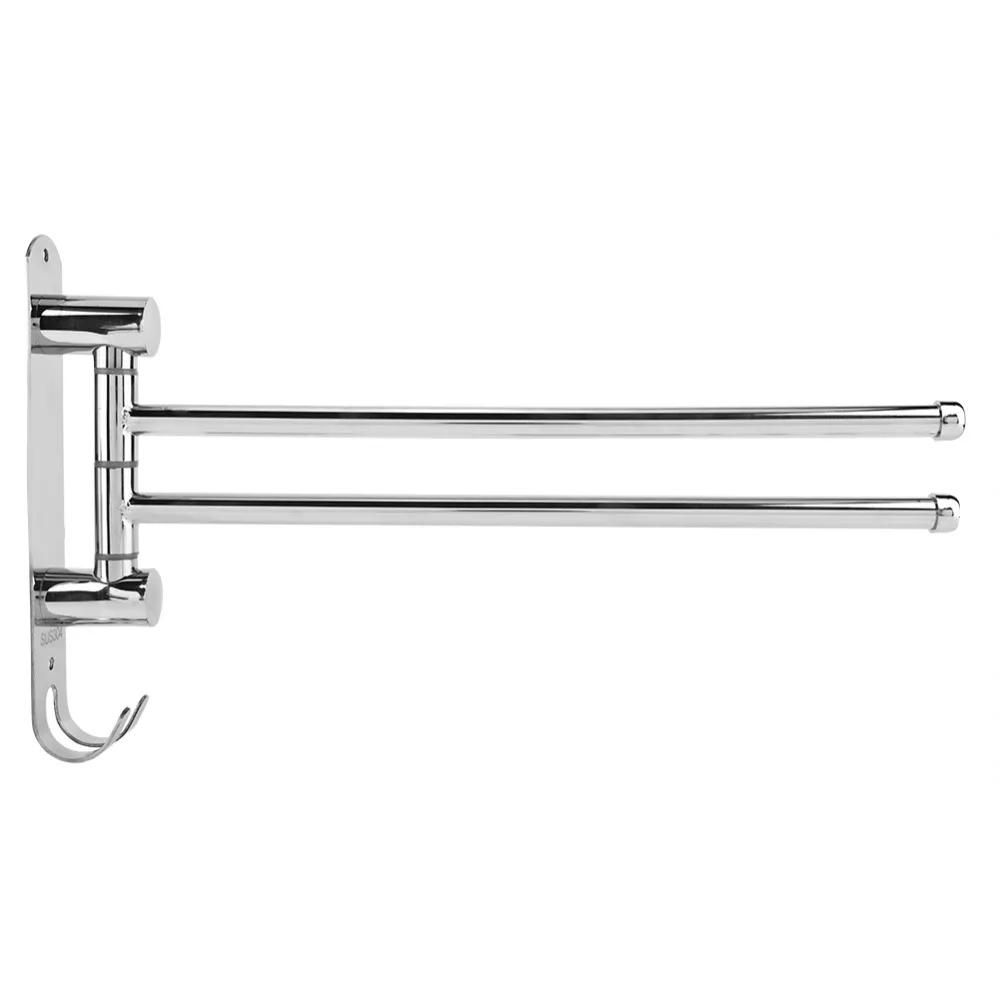 Stainless Steel Rotary Towel Rack Silver Adjustable Swing Arms Towel Rack Wall Mounted Double Hook Swivel Towel Bar Convenient
