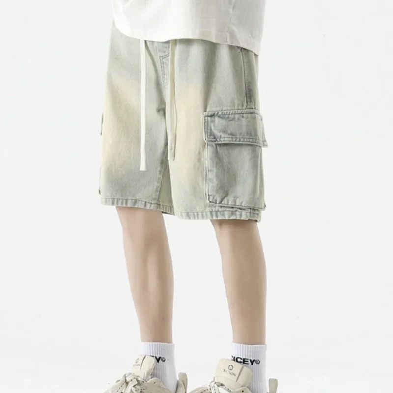 Mens Drawstring Elastic Waist Cargo Denim Shorts Multi Pocket Washed Loose Knee Length Casual Jean Shorts