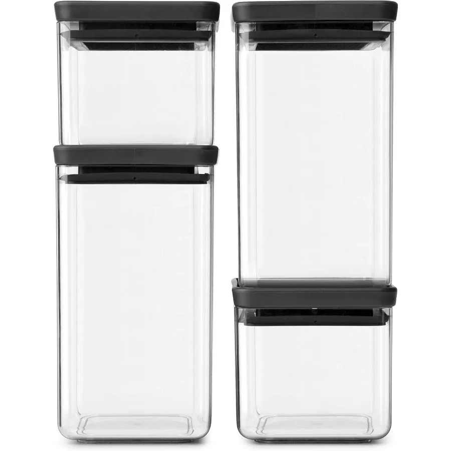 

Brabantia Tasty + 4 шт., штабелируемые пищевые канистры, набор темно-серых, 2x0,7qt, 2x 1,7qt, компактные банки без BPA с силиконовыми уплотнительными крышками
