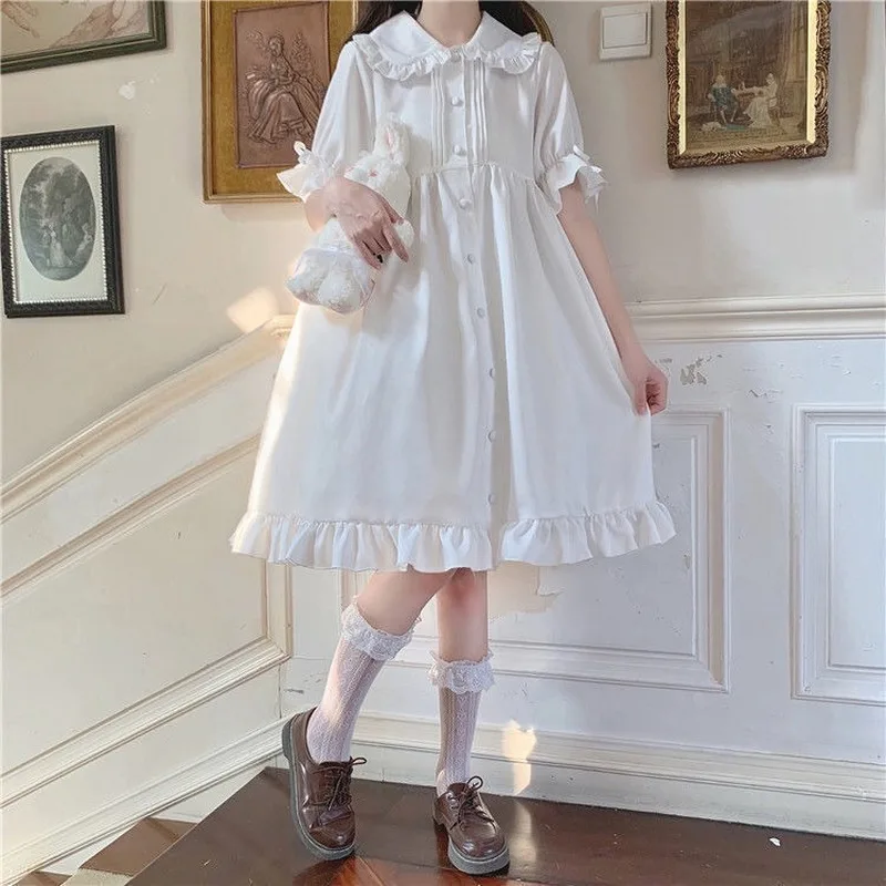 QWEEK White Kawaii Lolita Dress For Girls Soft Princess Fairy Peter Pan Collar Dress Japanese Style Cute Puff Sleeve Party Dress