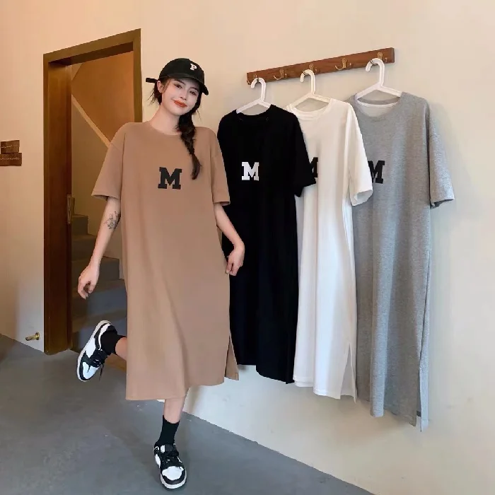 Summer Loose Letter Print Women Pregnant Korean Style Fashion Simple Casual Crew-neck Slit Dress