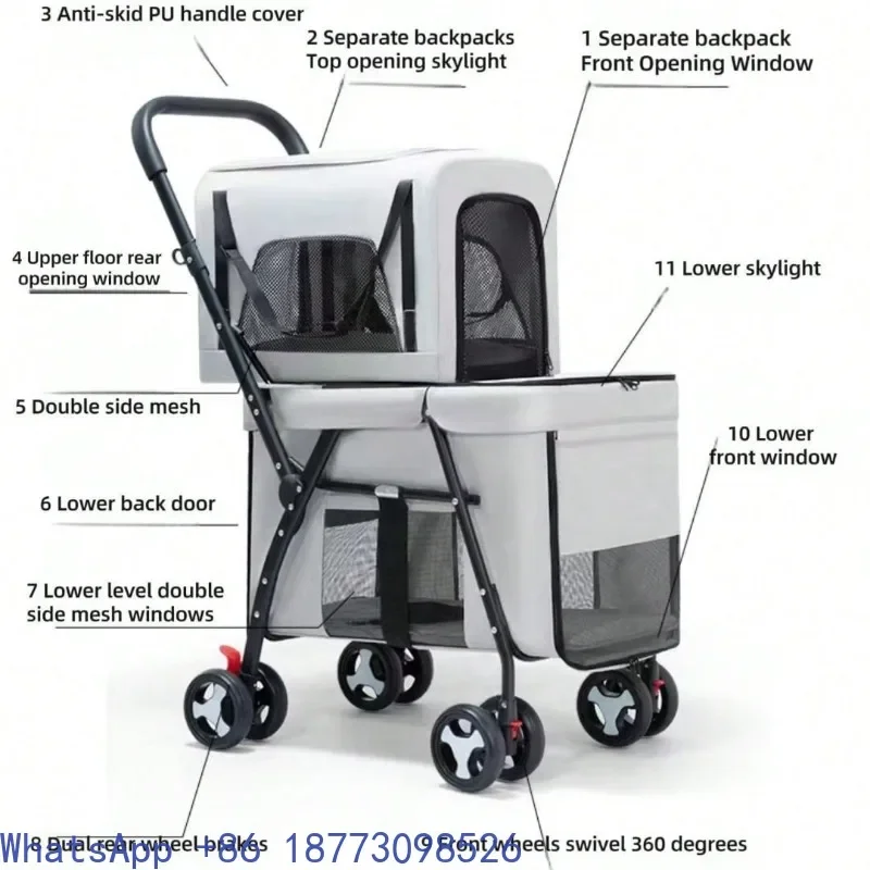 Double Pet Stroller for 2 Small Dogs or Cats Lightweight Foldable Double Cat Stroller with Detachable Carrier Strolling Ca-rt