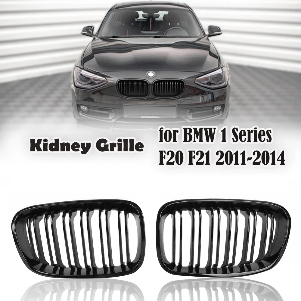 

2PCS Front Bumper Kidney Grille Racing Grill For BMW 1 Series F20 F21 2011 2012 2013 2014 Double Slat Line Gloss Black