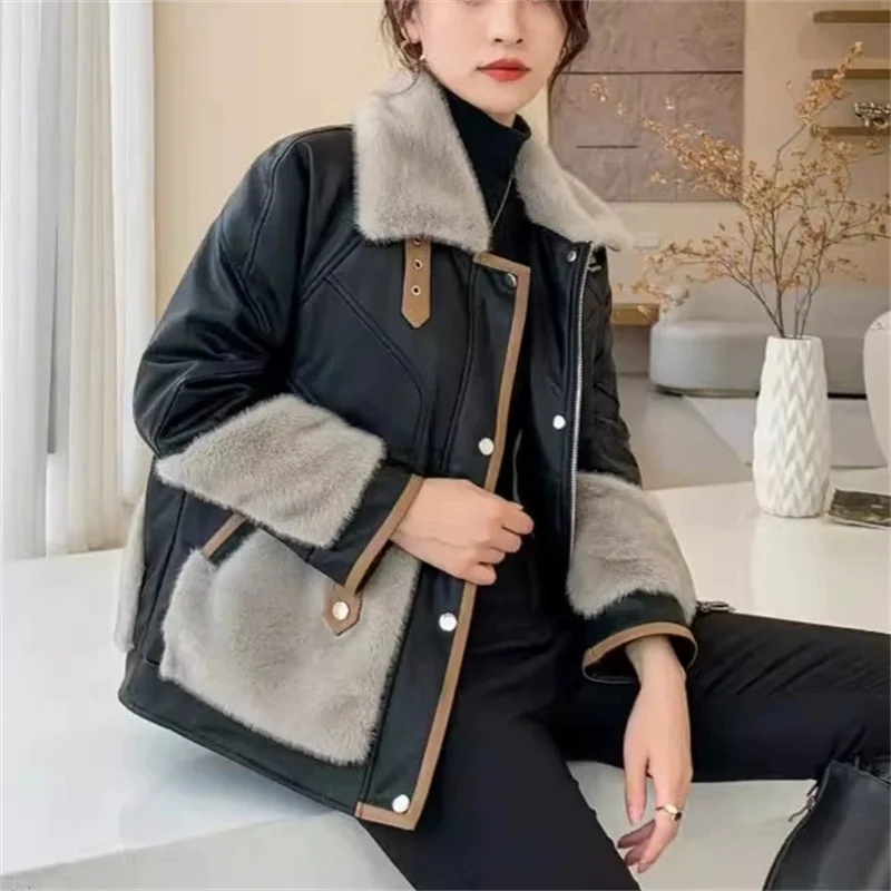 

Fashion Faux Mink Fur Spliced Leather Jacket Women's Short Cotton-padded Coat Autumn Winter Thicken Warm Loose Outerwear Female