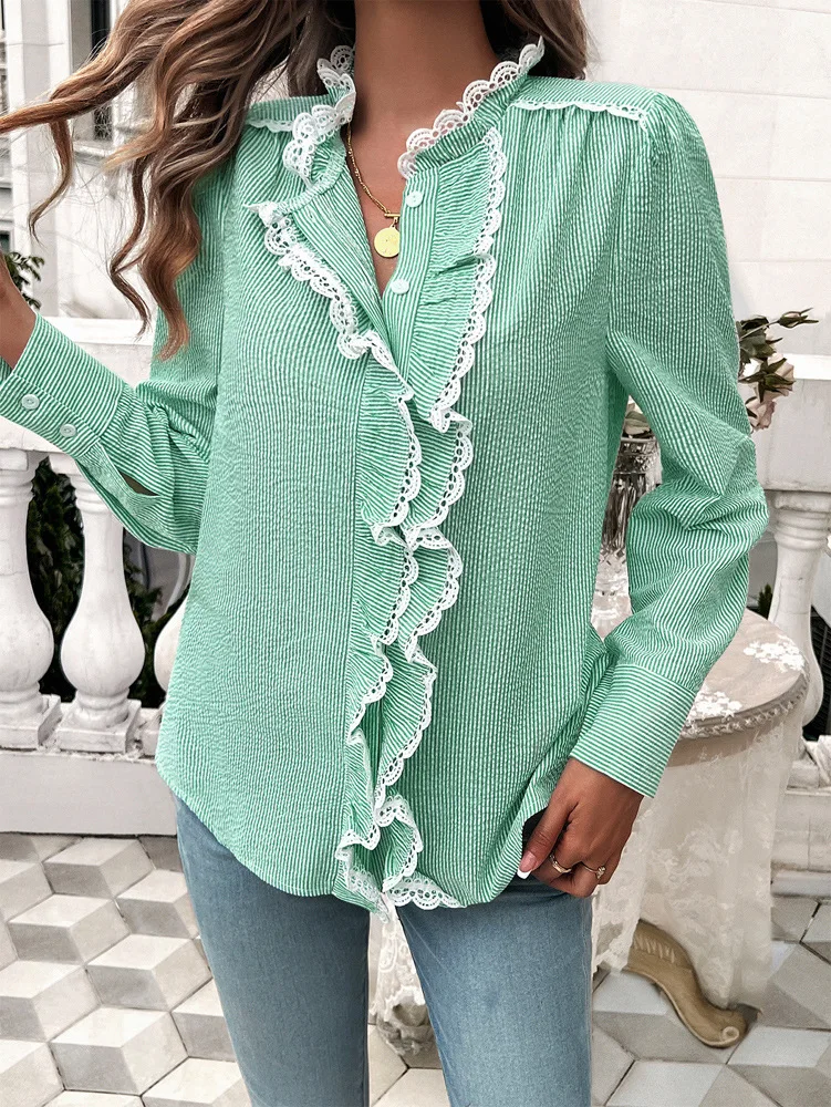 

2025 Spring Autumn Blouses Women Fashion Stand Collar Ruffled Button Shirts Office Lady Stripe Single Breasted Shirts Top Blusas