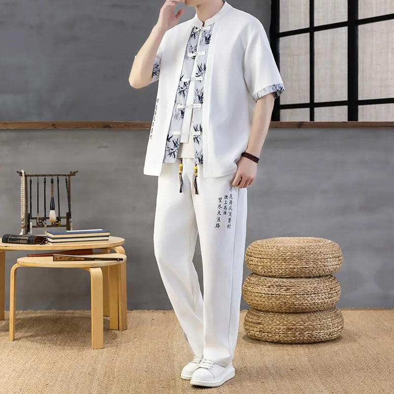 الرجال أزياء الصيف جديد تانغ دعوى عارضة النمط الصيني المطرزة قمصان بانت 2 قطعة ملابس رياضية القطن الكتان مجموعات