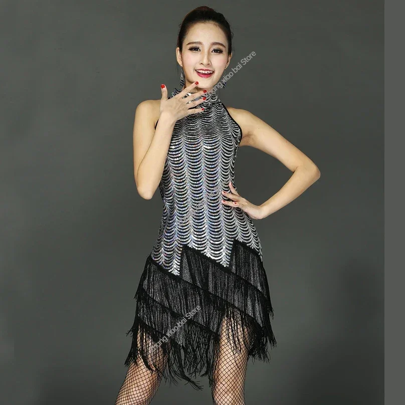 Fringe Latin Dance Dress Woman Tassel Sexy Sequin Ballroom Tango Salsa Tango Rumba Dance Costume Red Performance Stage Wear