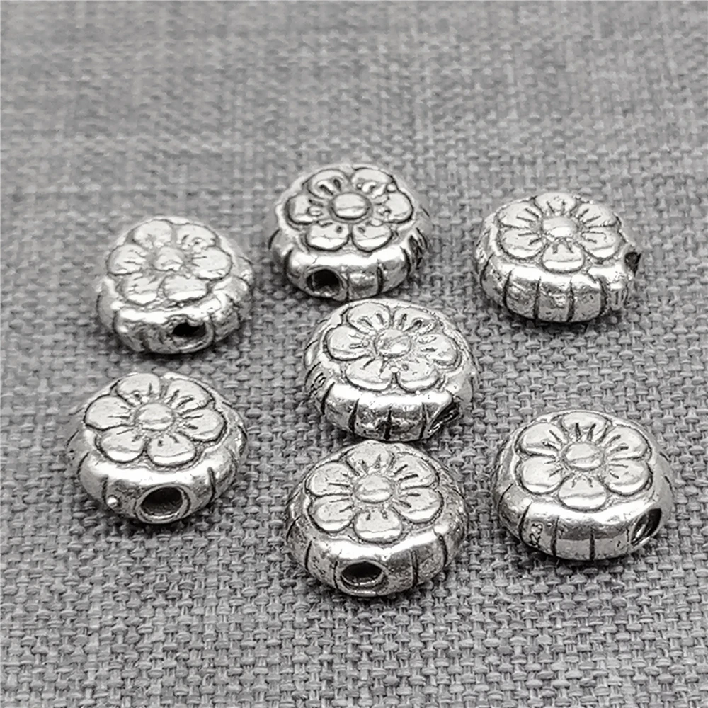 5pcs of 925 Sterling Silver Flower Flat Round Beads 2-Sided for Bracelet Necklace 7.5mm