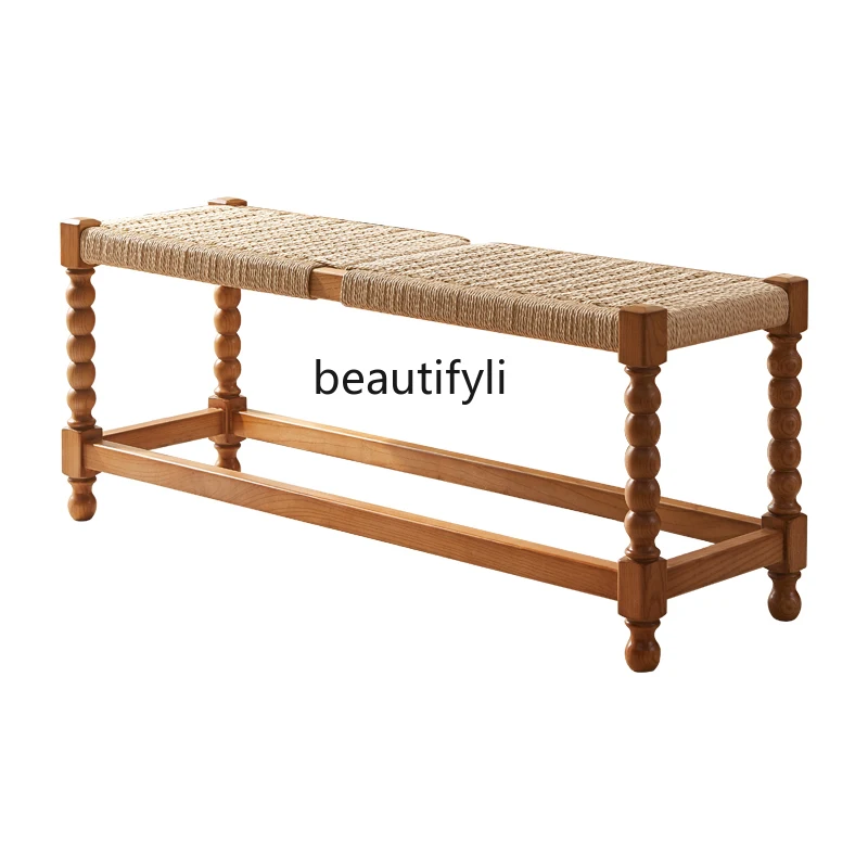 

Retro Solid Wood Bed End Stool Bedroom Living Room Designer Rope Woven Dining Stool Sofa Bench Simple Modern Small Apartment