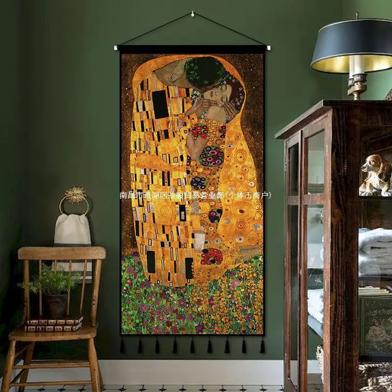 Gustav Klimt The Kiss Abstract Art Tapestry Wall Hanging Canvas Fabric Decor for Bedroom Hallway Background Room Decoration