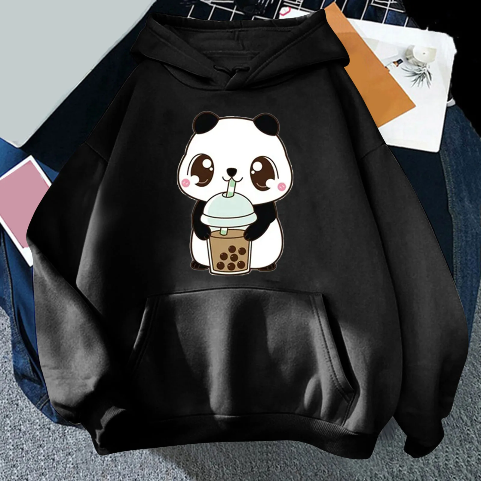 Women\'s Hoodies Cute Panda Print Fashion Sweatshirts Harajuku Female Blouse Y2K Long Sleeve Pullover Tops Hooded Casual Hoodies