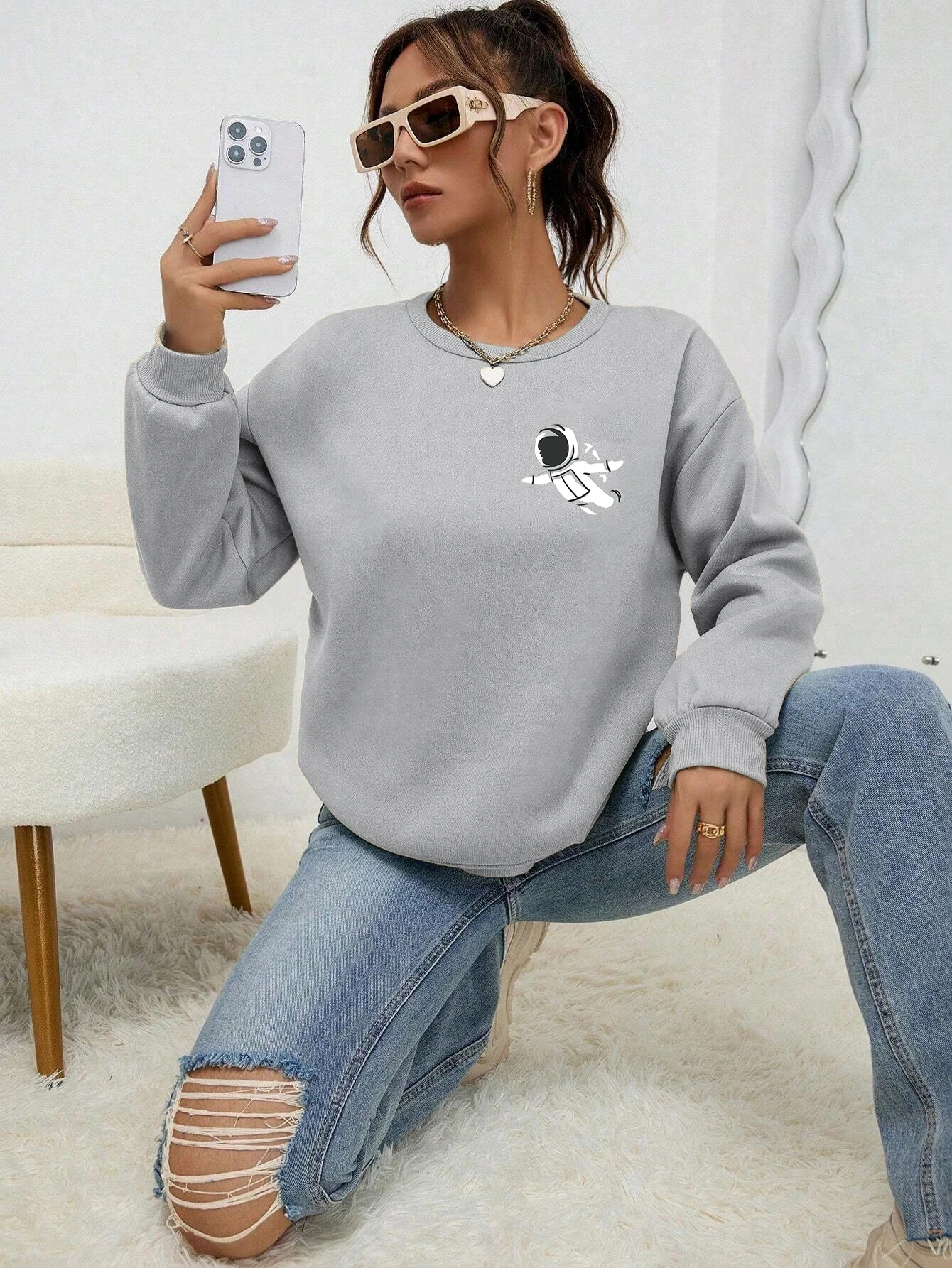 Astronaut Exploration Printing Tops Women Fashion Comfortable Tracksuit Autumn Fleece Sweatshirts Casual Warm Clothes Female