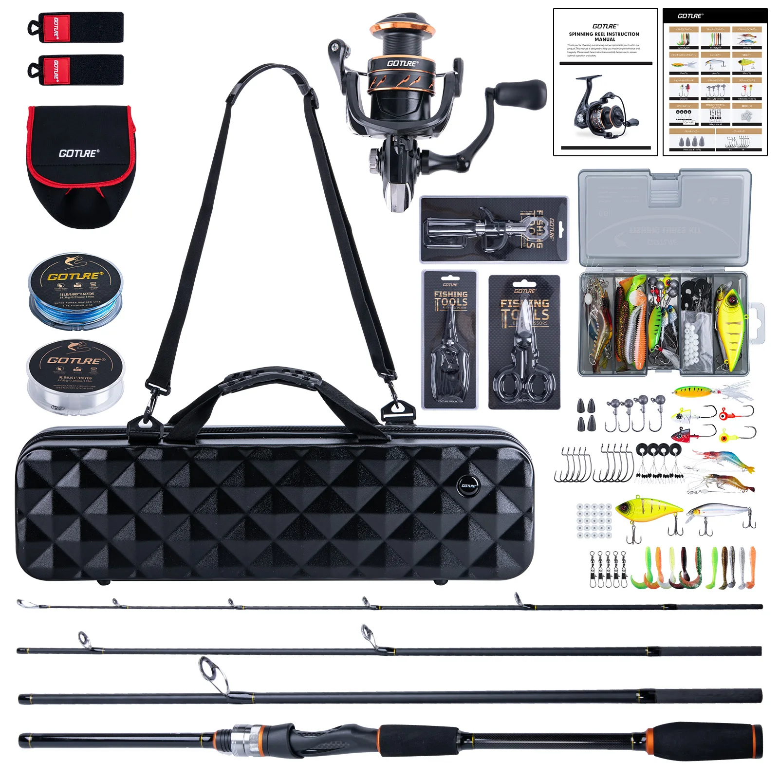 Goture 4 Pieces Travel Fishing Rod with Case, Carbon Fiber Spinning/Casting Fishing Pole Spinning Reel Lure Set, Fishing Rod Kit