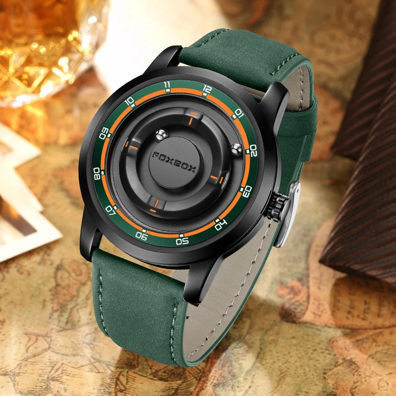 FOXBOX Unique Dial Quartz Man Watch Fashion Casual Sport Leather Srolling Beads Clock Magnetic Force Waterproof Watches Male+Box