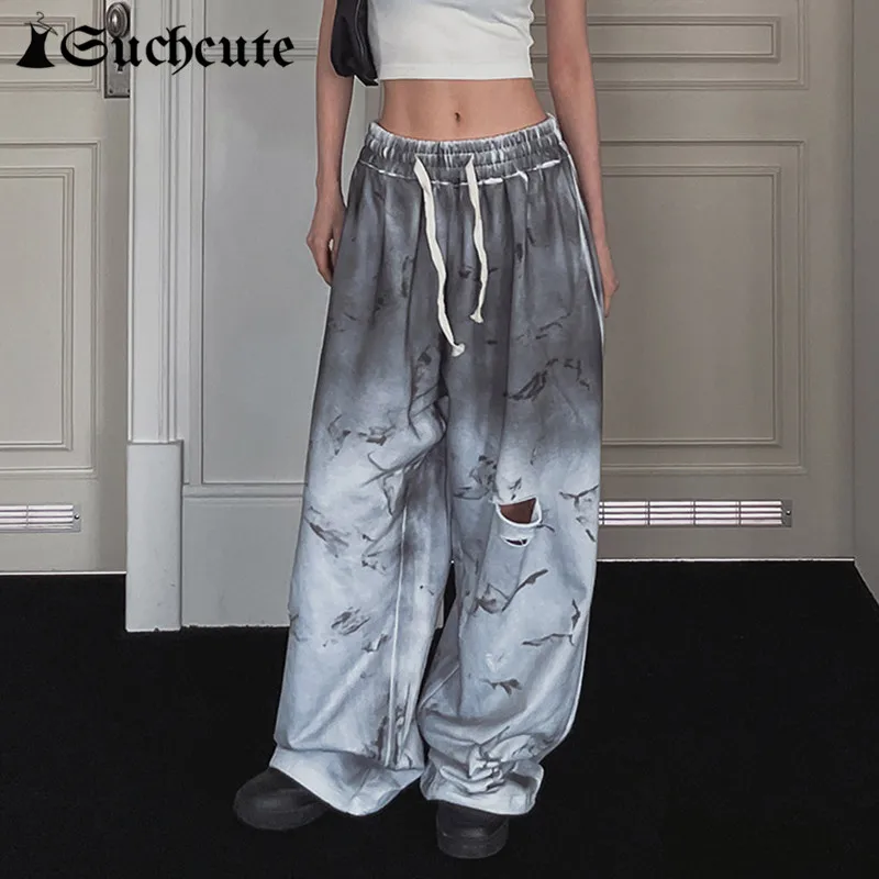 

SUCHCUTE Grunge Streetwear Tie-dye Print Women Pants Harajuku Pocket Up Baggy Trousers y2k Low Waist Harajuku Gothic Pants 2023